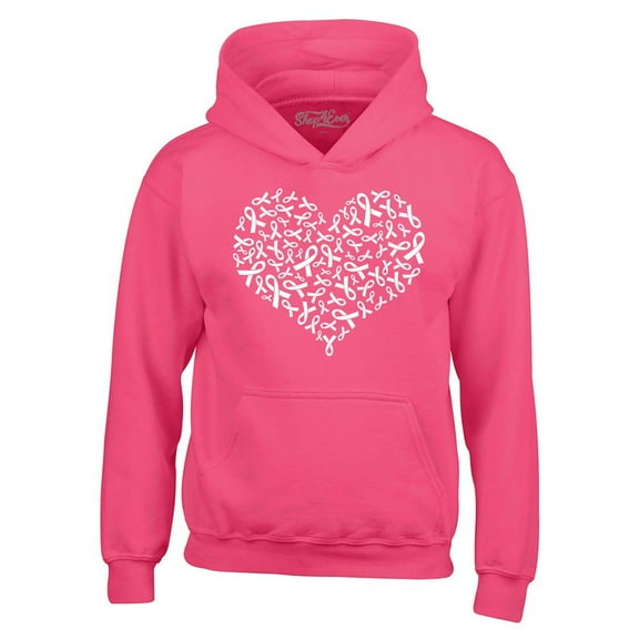 Shop4Ever Men's Breast Cancer White Ribbon Montage Heart Hooded Sweatshirt Hoodie XXX-Large Heliconia Pink