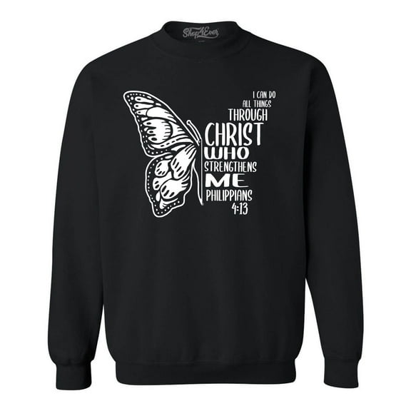 Shop4Ever Men's Butterfly Verse I Can Do All Things Through Christ Crewneck Sweatshirt Large Black