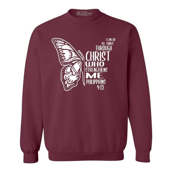 Shop4Ever Men's Butterfly Verse I Can Do All Things Through Christ Crewneck Sweatshirt Small Maroon