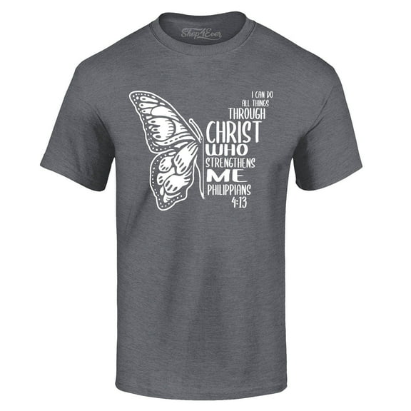 Shop4Ever Men's Butterfly Verse I Can Do All Things Through Christ Graphic T-shirt XX-Large Dark Heather