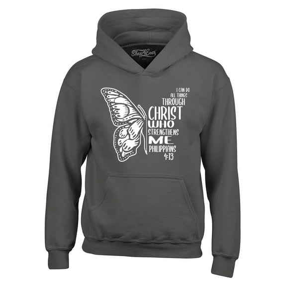 Shop4Ever Men's Butterfly Verse I Can Do All Things Through Christ Hooded Sweatshirt Hoodie Small Charcoal