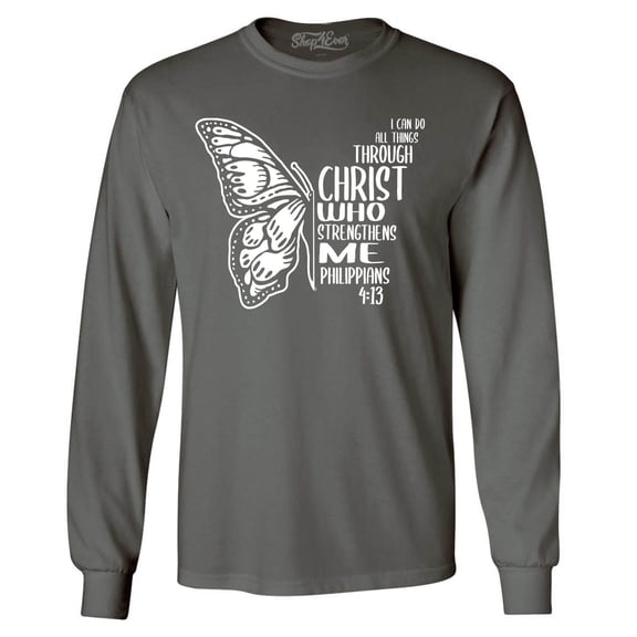 Shop4Ever Men's Butterfly Verse I Can Do All Things Through Christ Long Sleeve Shirt Small Charcoal