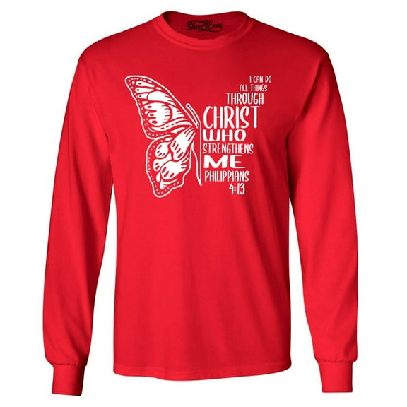 Shop4Ever Men's Butterfly Verse I Can Do All Things Through Christ Long Sleeve Shirt Small Red