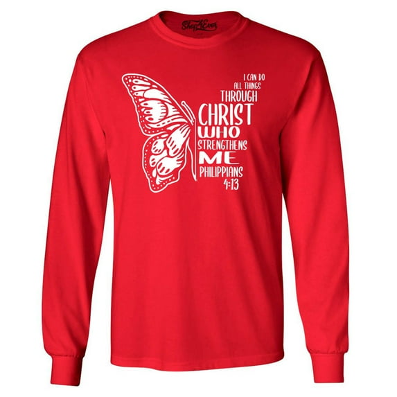 Shop4Ever Men's Butterfly Verse I Can Do All Things Through Christ Long Sleeve Shirt XX-Large Red