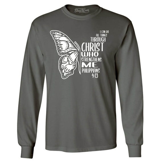 Shop4Ever Men's Butterfly Verse I Can Do All Things Through Christ Long Sleeve Shirt XXX-Large Charcoal