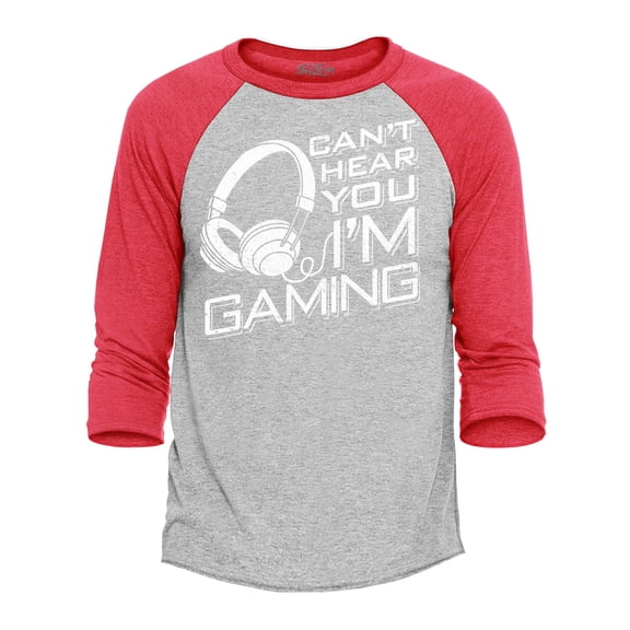 Shop4Ever Men's Can't Hear You I'm Gaming Gamer Headphones Raglan Baseball Shirt Medium Heather Grey/Red