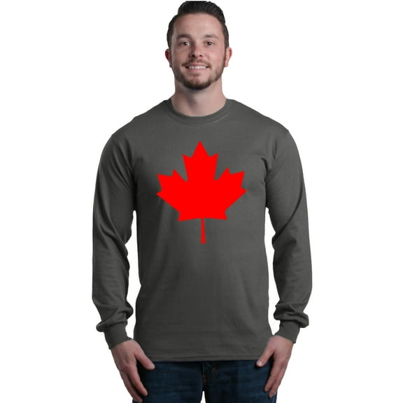 Shop4Ever Men's Canada Red Leaf Canadian Flag Long Sleeve Shirt X-Large Charcoal