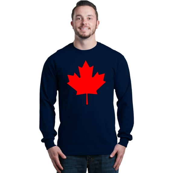Shop4Ever Men's Canada Red Leaf Canadian Flag Long Sleeve Shirt X-Large Navy