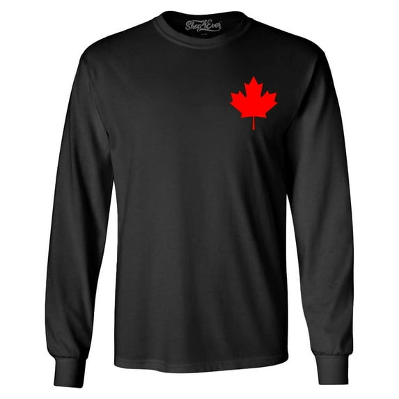Shop4Ever Men's Canada Red Maple Leaf Pocket Size Canadian Long Sleeve Shirt X-Large Black