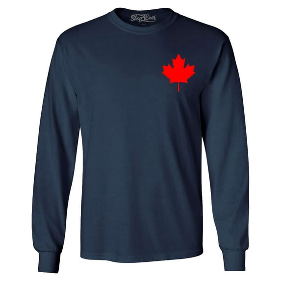 Shop4Ever Men's Canada Red Maple Leaf Pocket Size Canadian Long Sleeve Shirt X-Large Navy