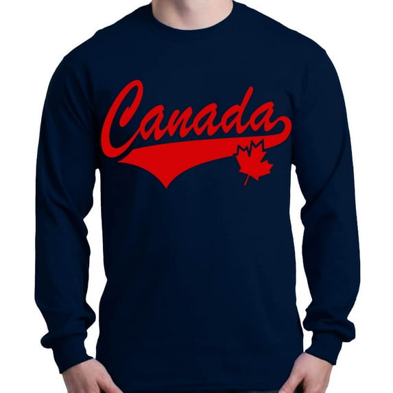 Shop4Ever Men's Canada Red with Leaf Canadian Flag Long Sleeve Shirt Large Navy