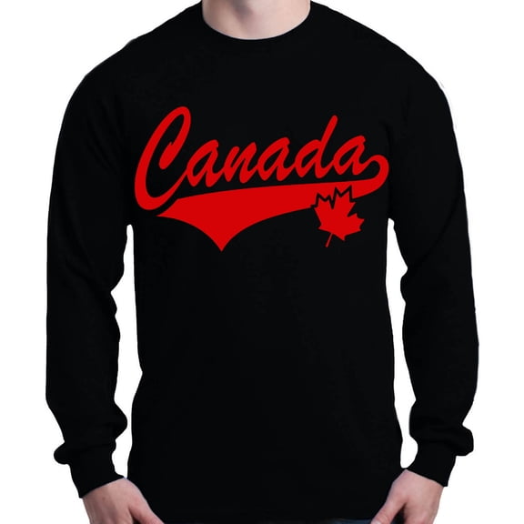 Shop4Ever Men's Canada Red with Leaf Canadian Flag Long Sleeve Shirt Small Black