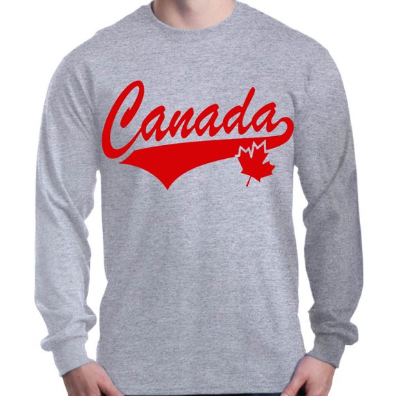 Shop4Ever Men's Canada Red with Leaf Canadian Flag Long Sleeve Shirt XXX-Large Sports Grey