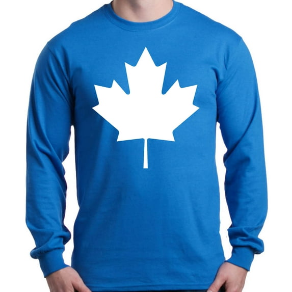 Shop4Ever Men's Canada White Leaf Proud Canadian Flag Long Sleeve Shirt Small Royal Blue