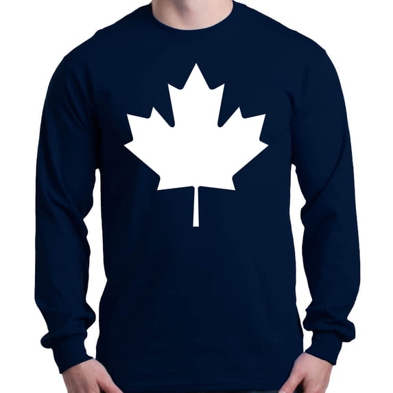 Shop4Ever Men's Canada White Leaf Proud Canadian Flag Long Sleeve Shirt X-Large Navy