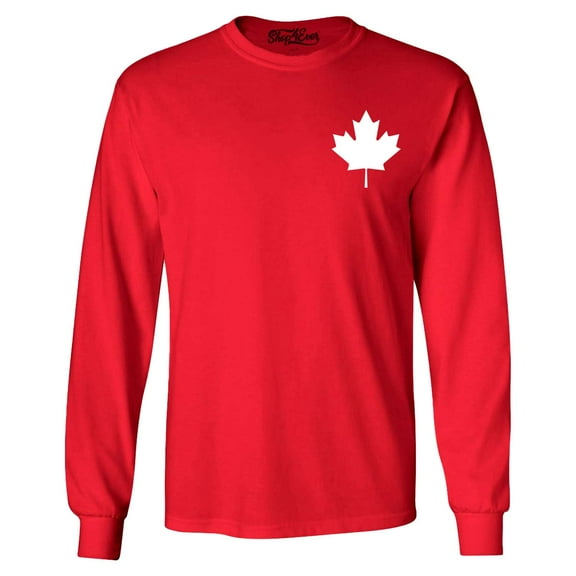 Shop4Ever Men's Canada White Maple Leaf Pocket Size Canadian Long Sleeve Shirt Medium Red