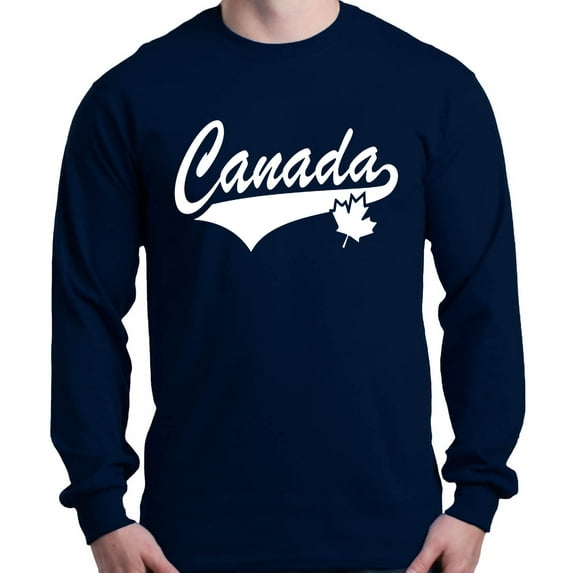 Shop4Ever Men's Canada White with Leaf Proud Canadian Flag Long Sleeve Shirt Medium Navy