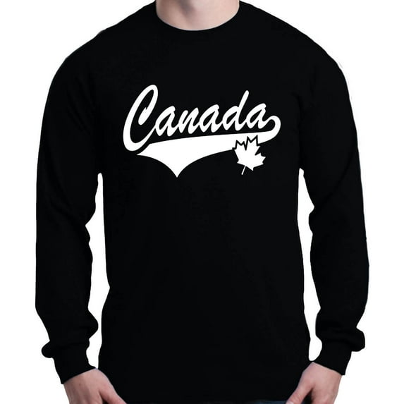 Shop4Ever Men's Canada White with Leaf Proud Canadian Flag Long Sleeve Shirt X-Large Black