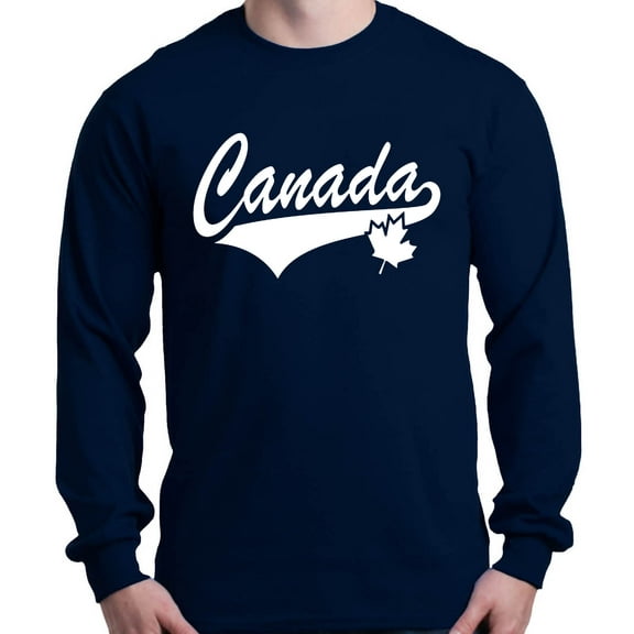 Shop4Ever Men's Canada White with Leaf Proud Canadian Flag Long Sleeve Shirt X-Large Navy
