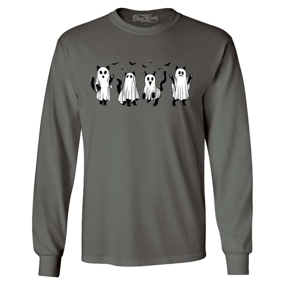 Shop4Ever Men's Cat Ghosts Halloween Long Sleeve Shirt XXX-Large Charcoal