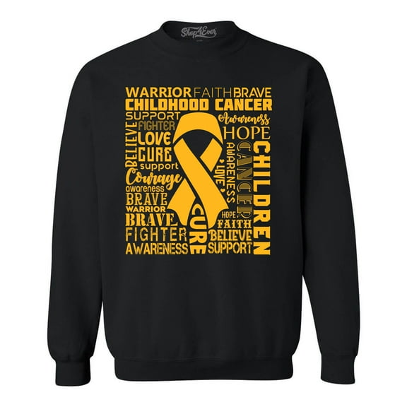 Shop4Ever Men's Childhood Cancer Awareness Gold Ribbon Word Cloud Crewneck Sweatshirt Medium Black