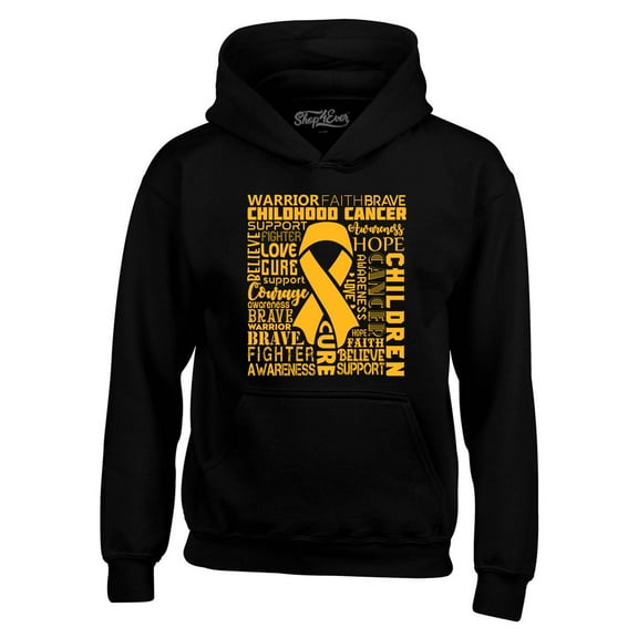 Shop4Ever Men's Childhood Cancer Awareness Gold Ribbon Word Cloud Hooded Sweatshirt Hoodie Large Black