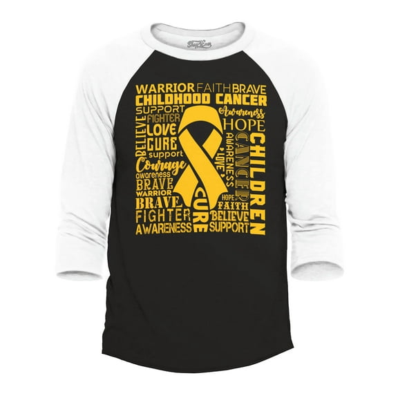 Shop4Ever Men's Childhood Cancer Awareness Gold Ribbon Word Cloud Raglan Baseball Shirt X-Large Black/White
