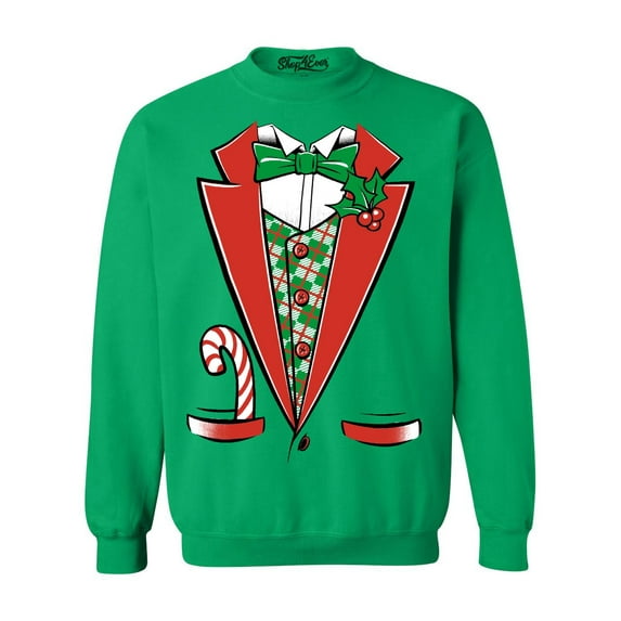 Shop4Ever Men's Christmas Tuxedo Costume with Plaid Vest Crewneck Sweatshirt X-Large Irish Green