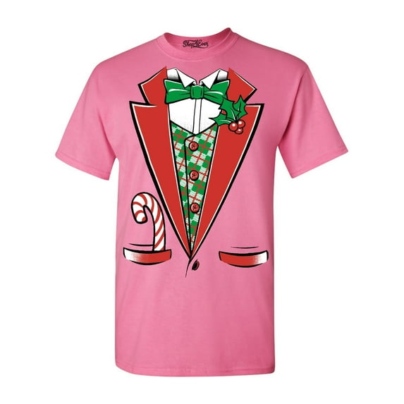 Shop4Ever Men's Christmas Tuxedo Costume with Plaid Vest Graphic T-shirt Large Azalea Pink
