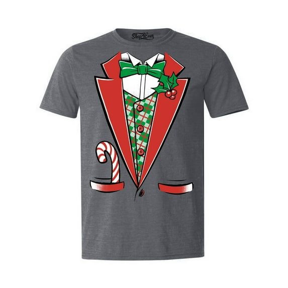 Shop4Ever Men's Christmas Tuxedo Costume with Plaid Vest Graphic T-shirt Medium Dark Heather