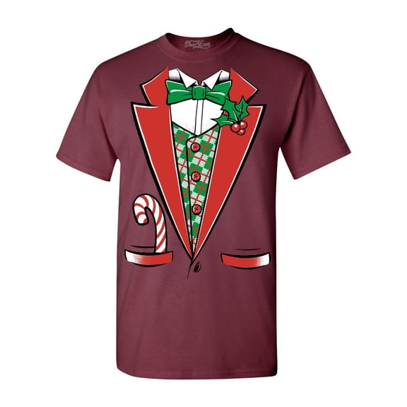 Shop4Ever Men's Christmas Tuxedo Costume with Plaid Vest Graphic T-shirt X-Large Maroon