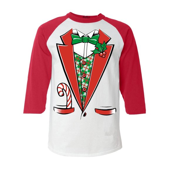 Shop4Ever Men's Christmas Tuxedo Costume with Plaid Vest Raglan Baseball Shirt Small White/Red