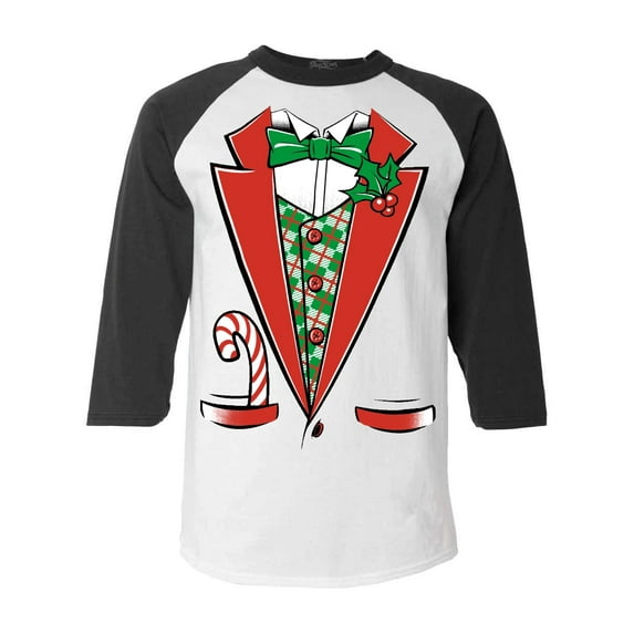 Shop4Ever Men's Christmas Tuxedo Costume with Plaid Vest Raglan Baseball Shirt XXX-LargeWhite/Black
