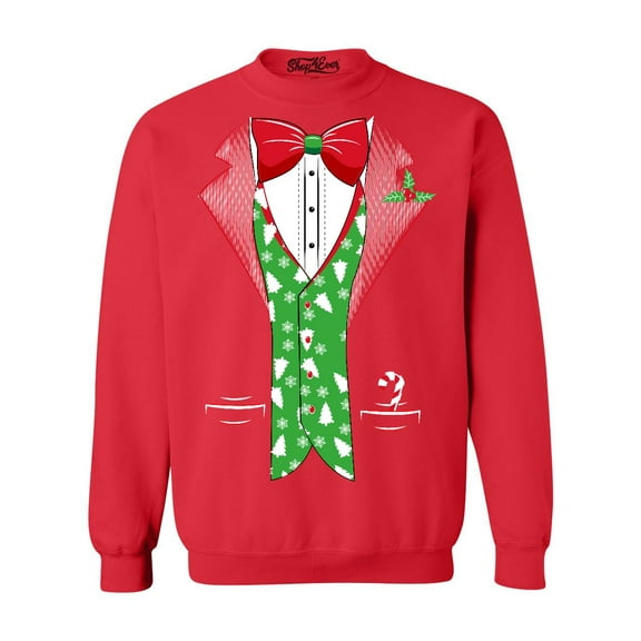 Shop4Ever Men's Christmas Tuxedo with Tree Vest Crewneck Sweatshirt XXX-Large Red