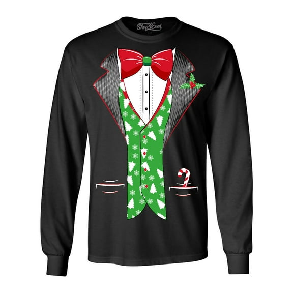 Shop4Ever Men's Christmas Tuxedo with Tree Vest Long Sleeve Shirt Small Black