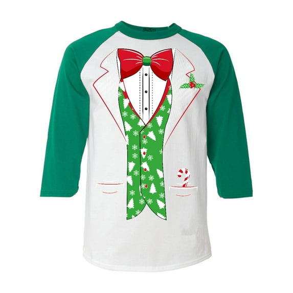 Shop4Ever Men's Christmas Tuxedo with Tree Vest Raglan Baseball Shirt XXX-LargeWhite/Kelly