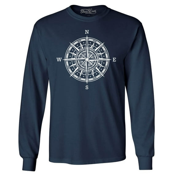 Shop4Ever Men's Compass Traveling North South East West Long Sleeve Shirt Large Navy