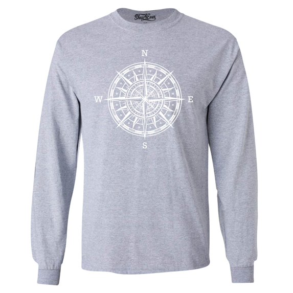 Shop4Ever Men's Compass Traveling North South East West Long Sleeve Shirt Large Sports Grey