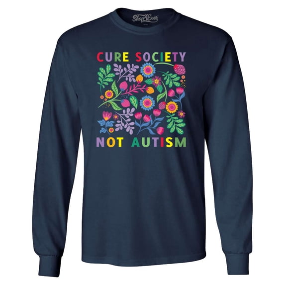 Shop4Ever Men's Cure Society Not Autism Florals Flowers Long Sleeve Shirt Large Navy