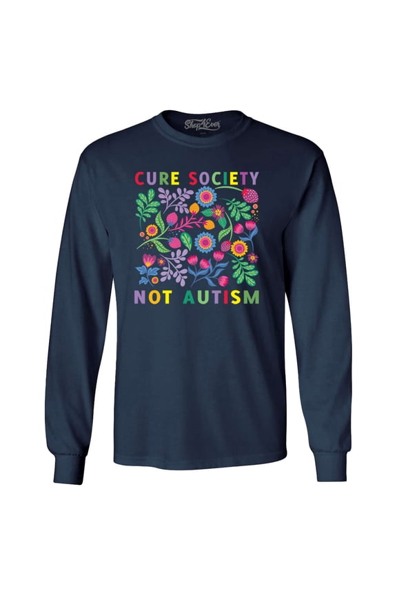 Men's Cure Society Not Autism Florals Flowers Long Sleeve Shirt Small Navy