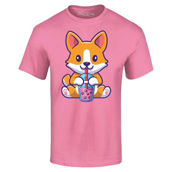 Shop4Ever Men's Cute Corgi Drinking Boba Tea Kawaii Graphic T-shirt XXX-Large Azalea Pink
