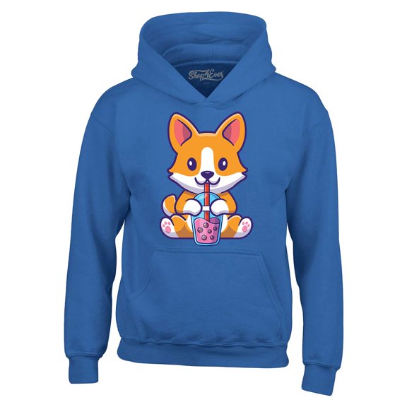 Shop4Ever Men's Cute Corgi Drinking Boba Tea Kawaii Hooded Sweatshirt Hoodie Medium Royal Blue