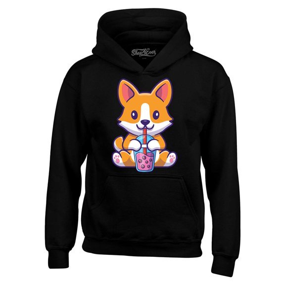 Shop4Ever Men's Cute Corgi Drinking Boba Tea Kawaii Hooded Sweatshirt Hoodie XXXX-Large Black