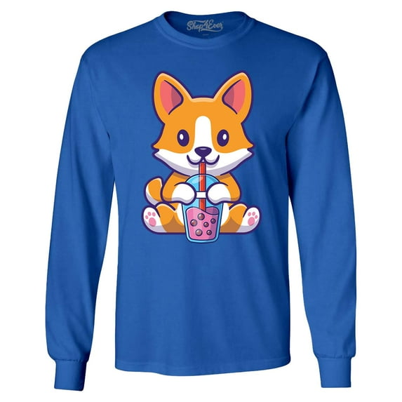 Shop4Ever Men's Cute Corgi Drinking Boba Tea Kawaii Long Sleeve Shirt Medium Royal Blue