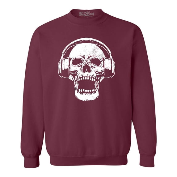 Shop4Ever Men's DJ Skull Wearing Headphones Crewneck Sweatshirt Medium Maroon