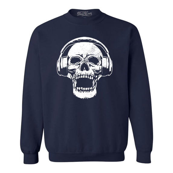 Shop4Ever Men's DJ Skull Wearing Headphones Crewneck Sweatshirt Medium Navy
