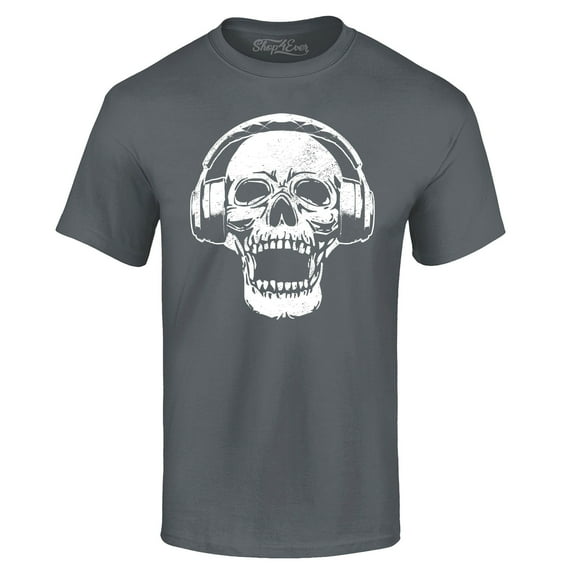 Shop4Ever Men's DJ Skull Wearing Headphones Graphic T-shirt Small Charcoal