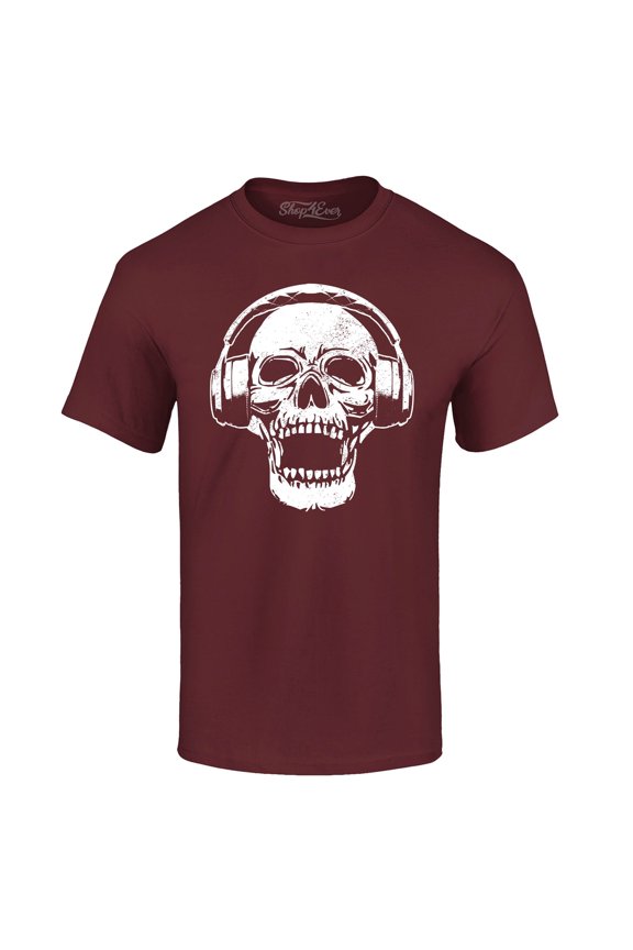 Men's DJ Skull Wearing Headphones Graphic T-shirt Small Maroon