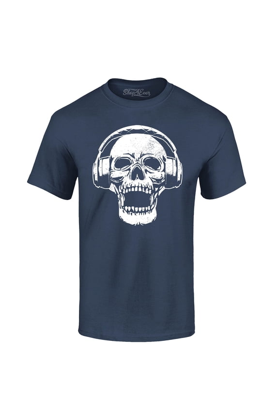 Men's DJ Skull Wearing Headphones Graphic T-shirt Small Navy