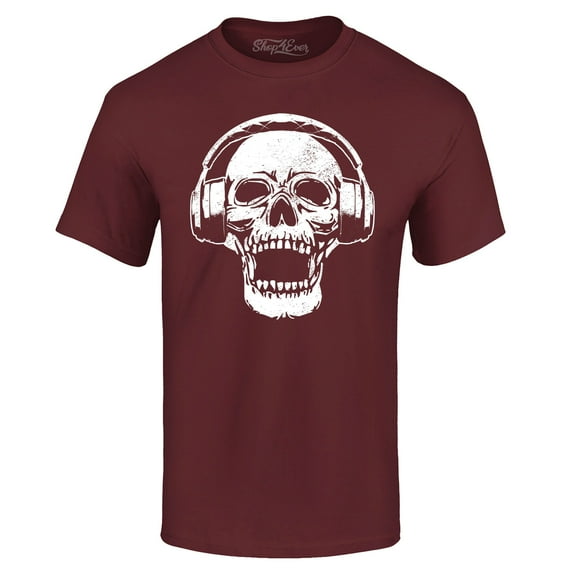 Shop4Ever Men's DJ Skull Wearing Headphones Graphic T-shirt X-Large Maroon